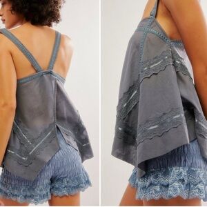 Woven Lace-Trim Spaghetti Strap Tank Top - Gray